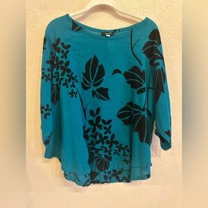 Yasuko Blue Green Floral Print Wide Neck Blouse 100% Cotton Size XL